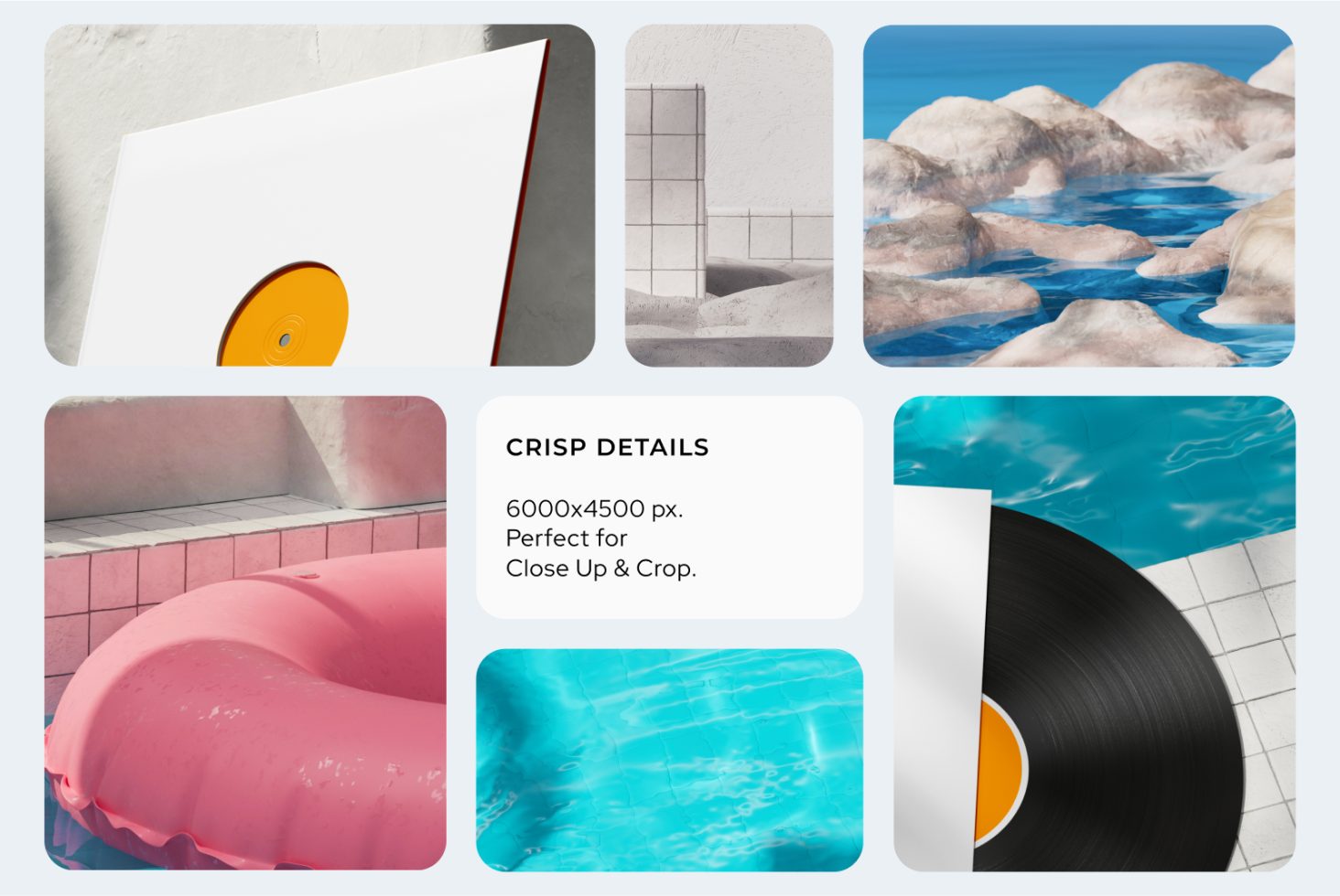 High-resolution mockups collection featuring vinyl record, architecture, and pool elements with text overlay about image details. Perfect for designers.