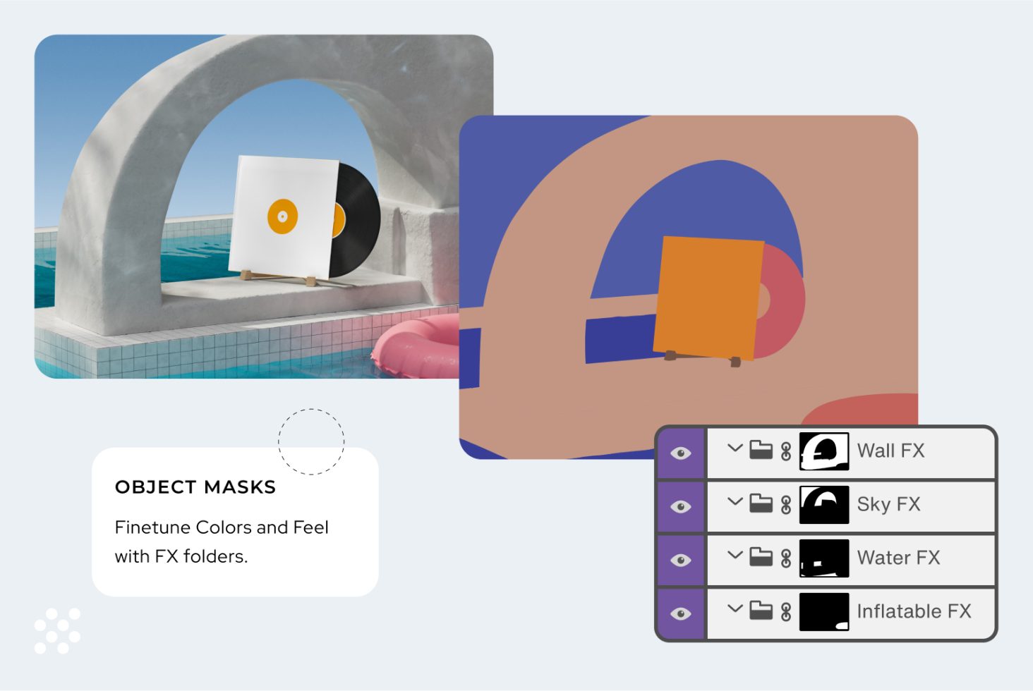 Editable layered design mockup with vinyl record and pool scene, showcasing object masks and special effects for visual enhancements.