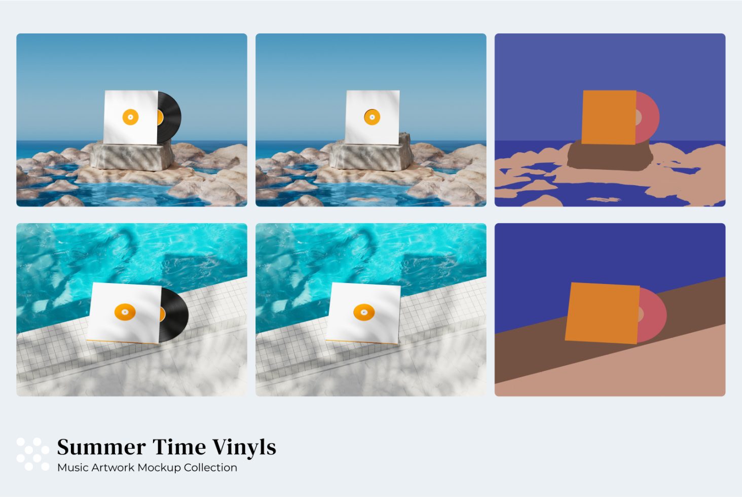 Summer Time Vinyls music album mockup collection with vinyl records and covers on diverse beach and pool backgrounds for design presentation.