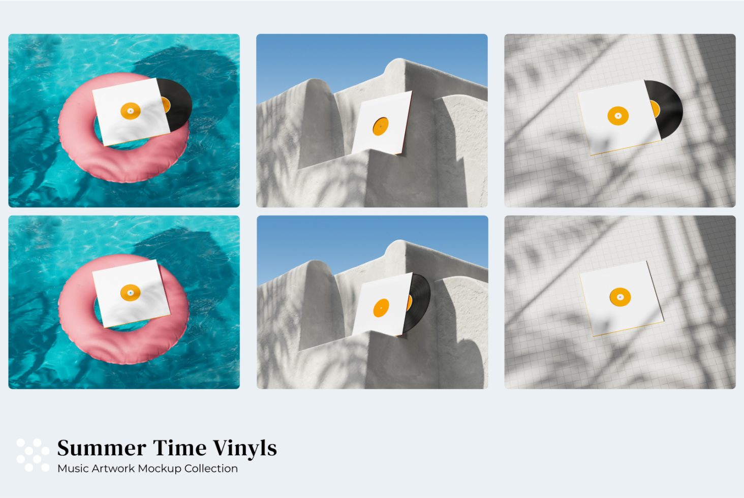 Vinyl record mockups with summer theme, showcased on pool float and minimal sand textures, perfect for music album art design.