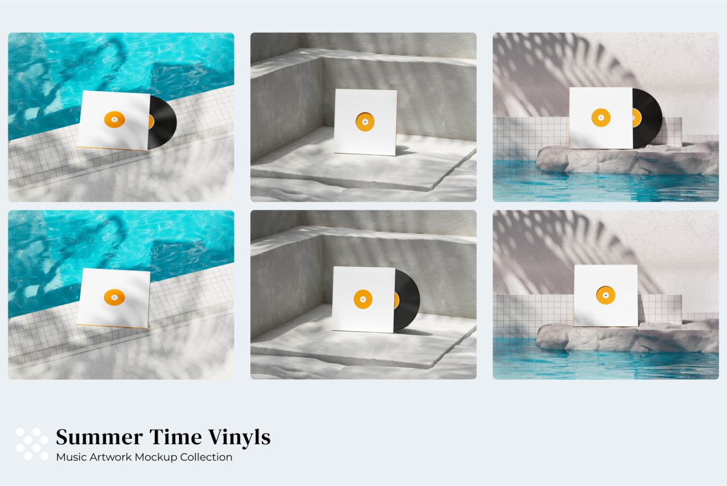 Vinyl record and sleeve mockup set with summer vibe, showcasing different angles with pool and shadow elements, ideal for music and album art designs.