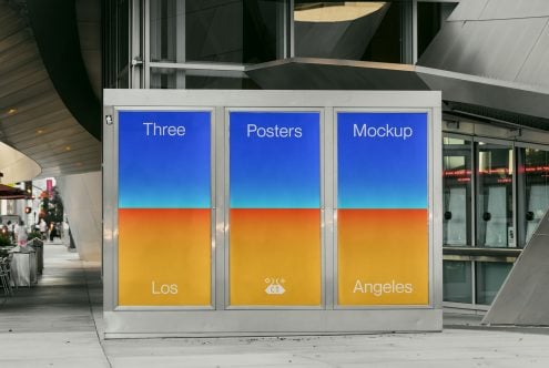 Three panel window display with blue orange gradient showing Los Angeles branding text