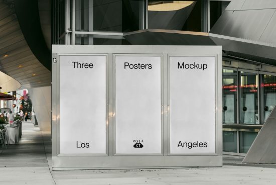 Triple billboard street mockup in an urban setting with blank posters for design presentations, outdoor advertising mockup, Los Angeles.