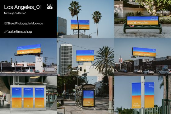 Los Angeles street photography mockup collection featuring billboard, bus bench, and poster displays for urban advertising design content.