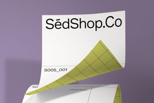 SedShop.Co tri-fold brochure front cover with floating layout mockup