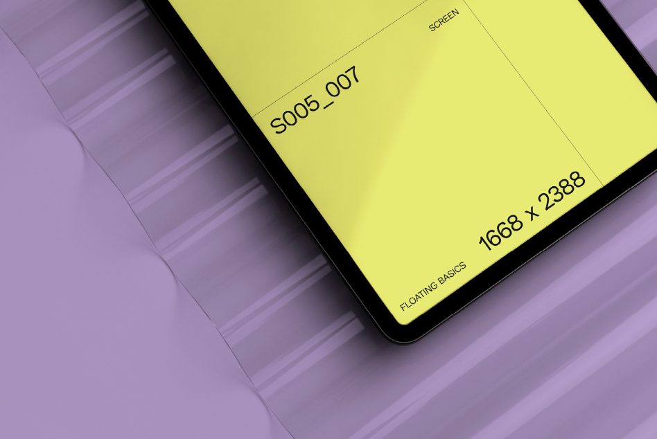 Close up of tablet yellow screen showing floating basics dimensions 1668 x 2388
