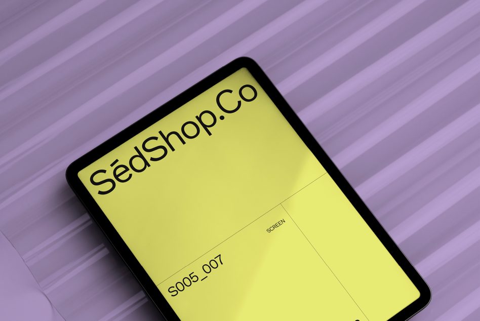 Tablet displaying yellow screen with SedShop.Co branding labeled S005_007