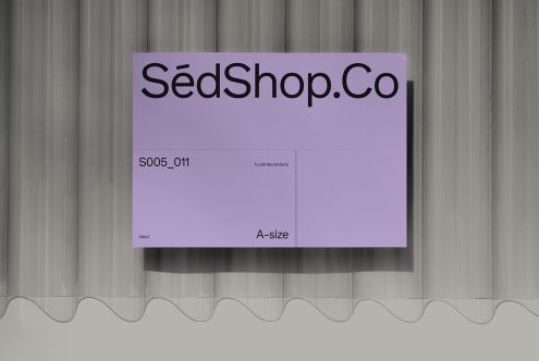 Lilac A-size card mockup labeled 'SedShop.Co' with print details on cloth
