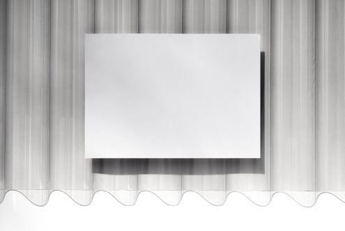 Blank white landscape paper mockup with shadow on textured curtain background