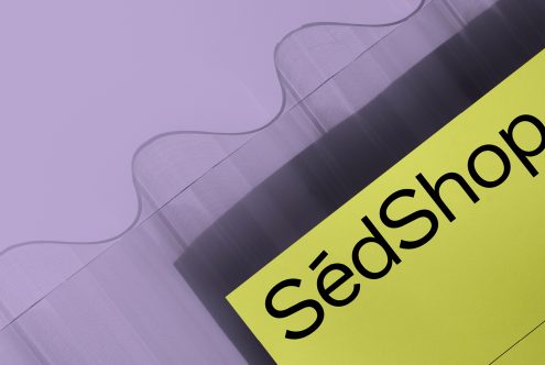 Wavy floral embossed purple surface next to lime card reading 'Sedshop'