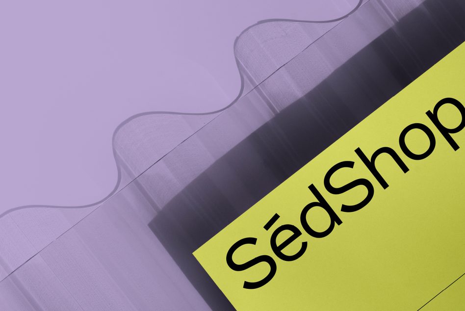 Wavy floral embossed purple surface next to lime card reading 'Sedshop'