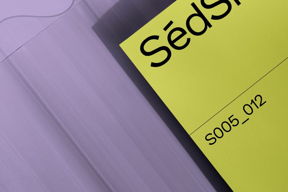 Lime yellow business card mockup with 'Sedshop' text on soft purple background
