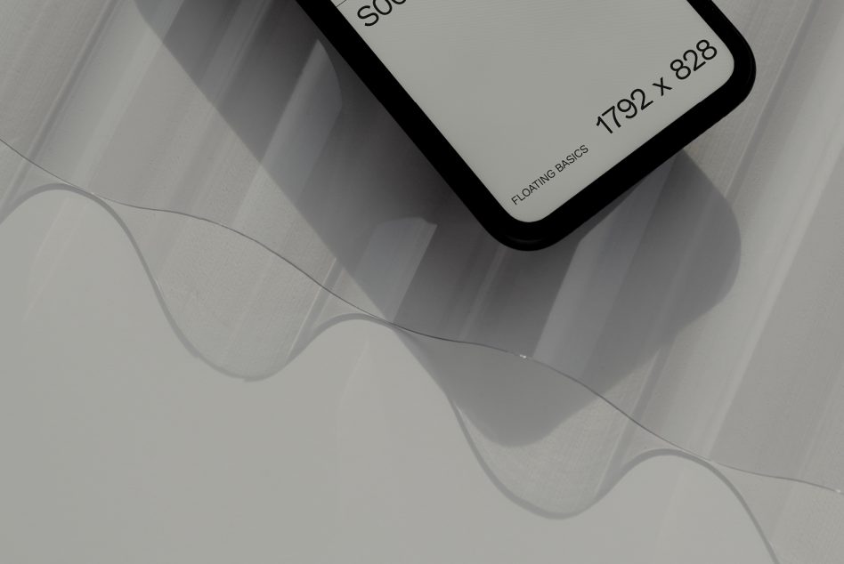 Close-up iPhone mockup showing product specs on striped background