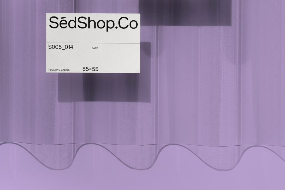 Business card mockup with SédShop.Co branding on purple textured background