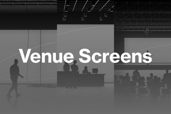 Monochrome conference venue mockup with silhouettes of people, presentation screens, and modern interior design. Perfect for event graphics presentation.