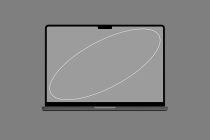 Laptop mockup showing minimal gray screen with white curved line design