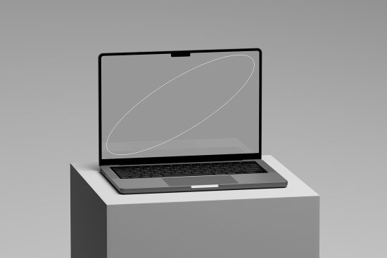 Minimalist laptop mockup on podium with sleek design for digital product presentation, ideal for designers' device templates.