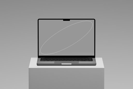 Professional laptop mockup in minimalist style on a pedestal for design presentations and digital portfolios, ideal for showcasing web and UI designs.
