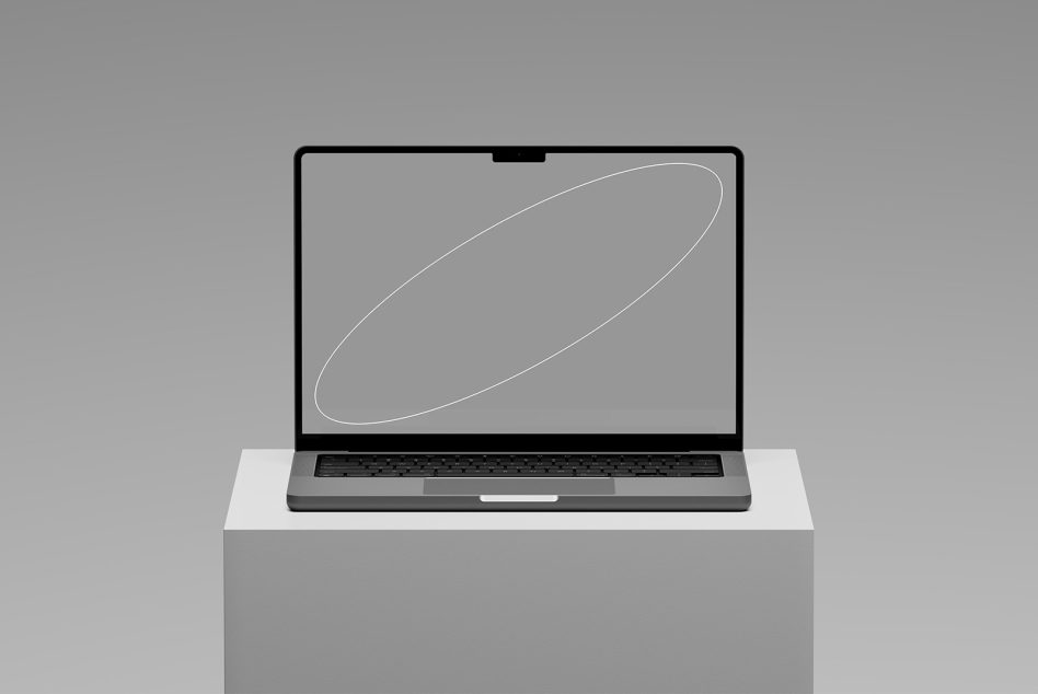 Professional laptop mockup in minimalist style on a pedestal for design presentations and digital portfolios, ideal for showcasing web and UI designs.