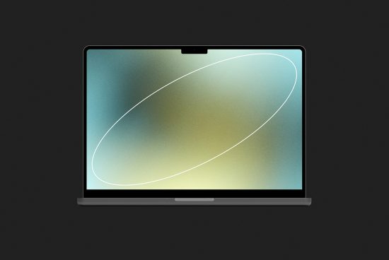 Minimalist laptop mockup with abstract wallpaper on dark background, ideal for presenting digital designs and user interface layouts for creative professionals.