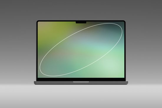 Modern laptop mockup with abstract screen design on a grey background, ideal for web and UI/UX design presentations.