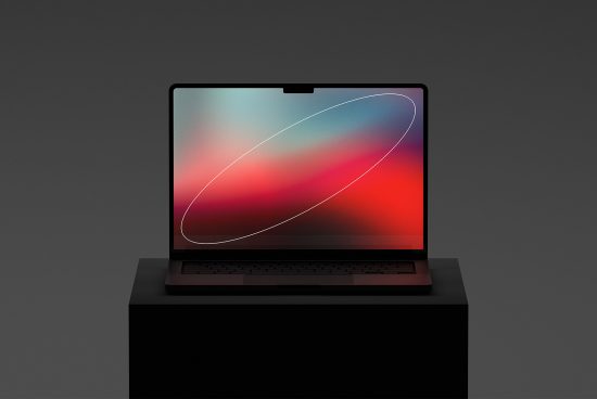 Laptop on pedestal with vibrant screen gradient ideal for tech mockup, digital design presentation. Essential for portfolio showcase.