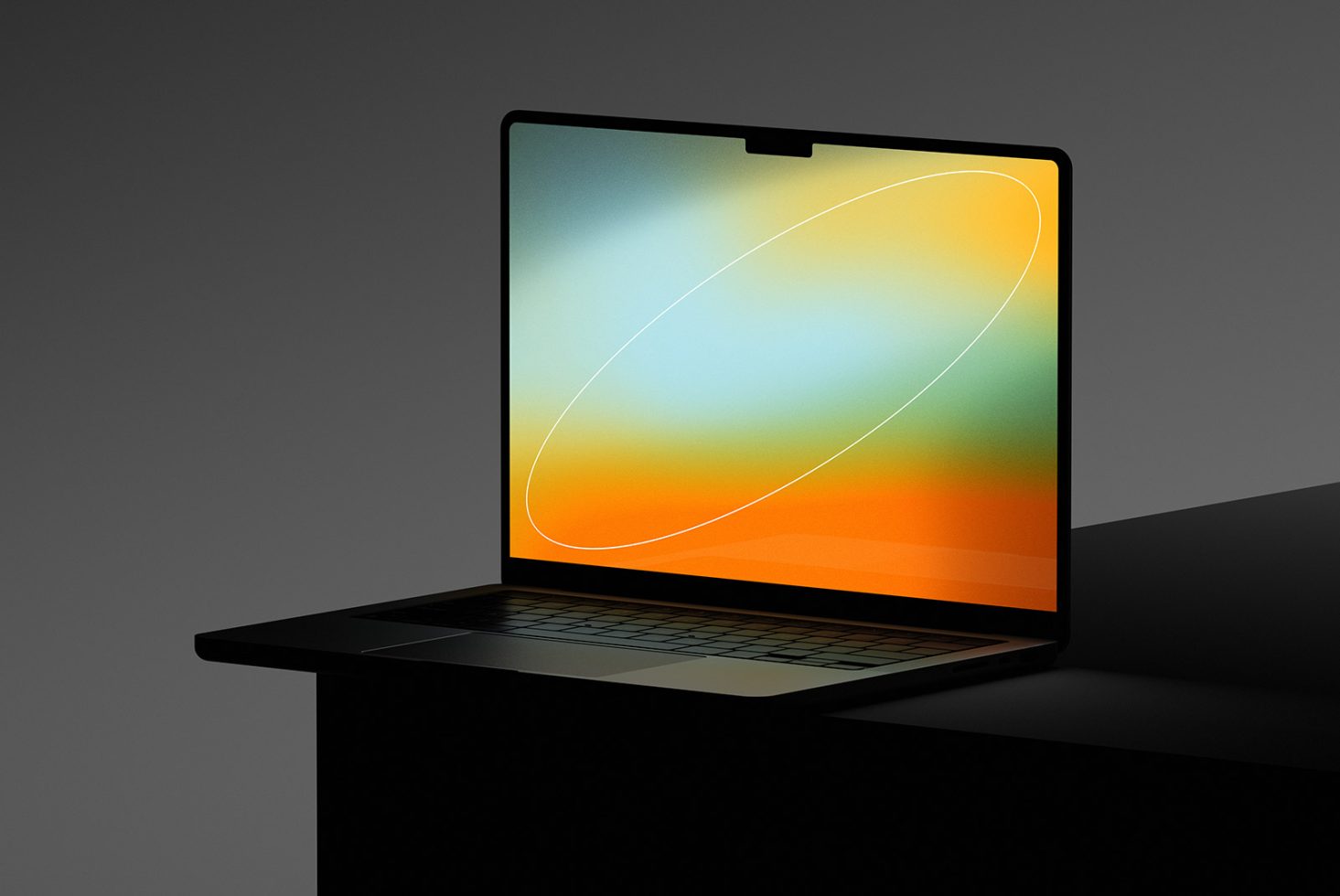 Elegant laptop mockup on dark background with vibrant screen gradient, ideal for presenting digital art and web designs.