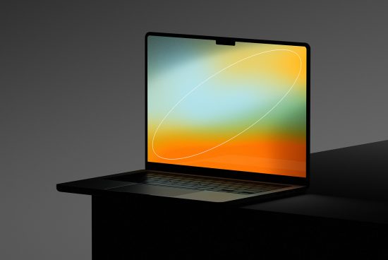 Elegant laptop mockup on dark background with vibrant screen gradient, ideal for presenting digital art and web designs.