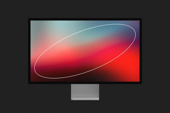 Modern computer monitor mockup displaying abstract colorful gradient wallpaper, ideal for digital design presentations and desktop UI mockups.