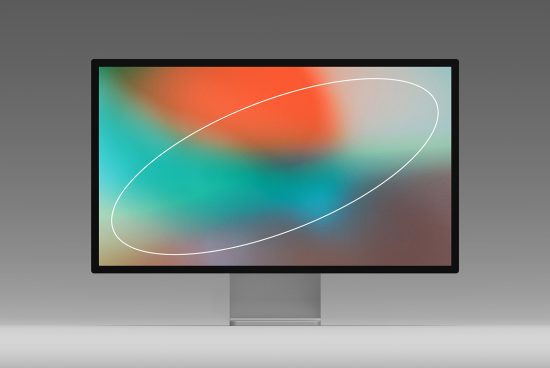 Computer monitor mockup with abstract colorful wallpaper design in a minimalist setting for graphics display presentation.