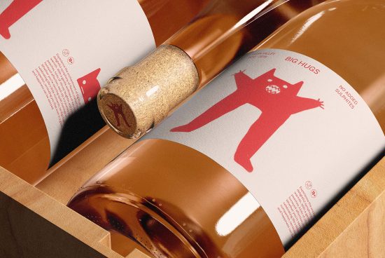 Elegant wine label mockup with cork and glass bottle, showcasing modern graphic design, ideal for presentations and branding.
