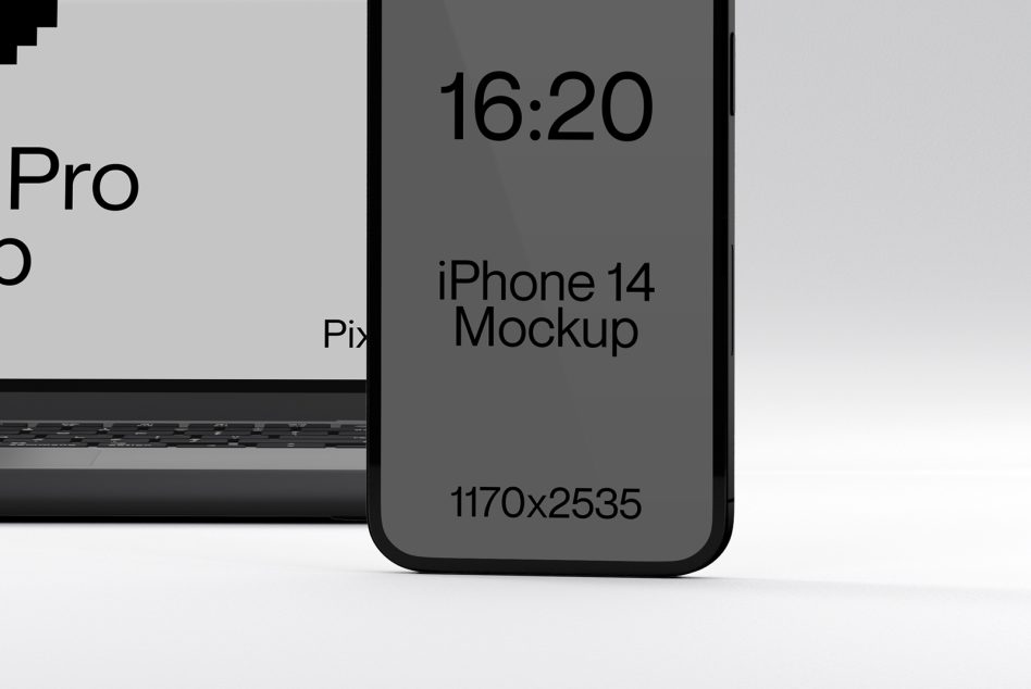 iPhone 14 mockup showing time 16:20 on dark screen with laptop edge visible
