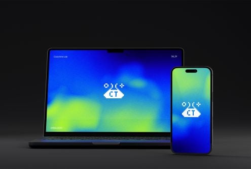Laptop phone combo mockup with vibrant blue neon gradient display