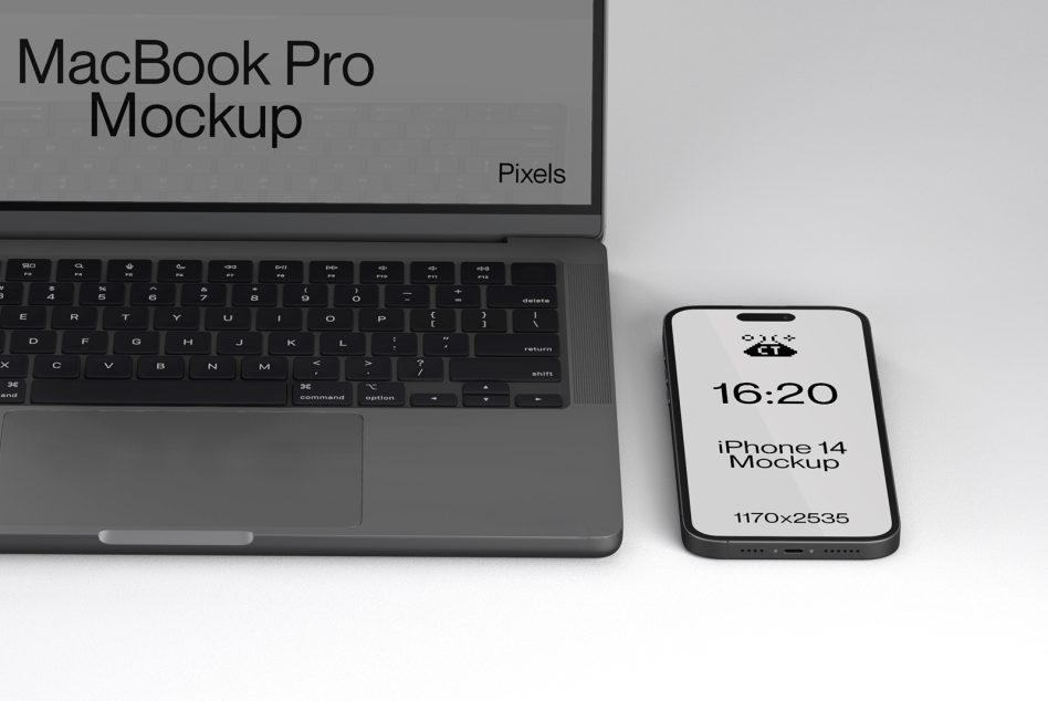 MacBook Pro keyboard next to iPhone 14 mockup showing time display 16:20