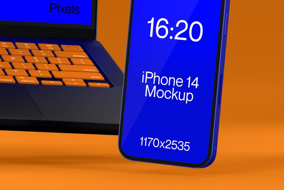 iPhone 14 mockup next to orange keyboard with bright blue screen display