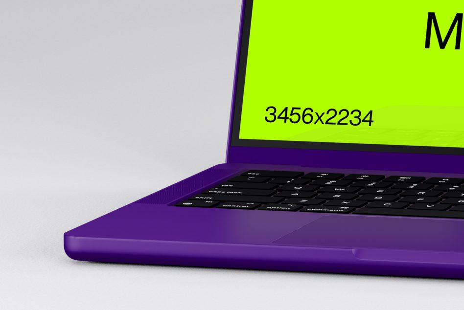 Purple laptop angled view showing lime green display with resolution specs