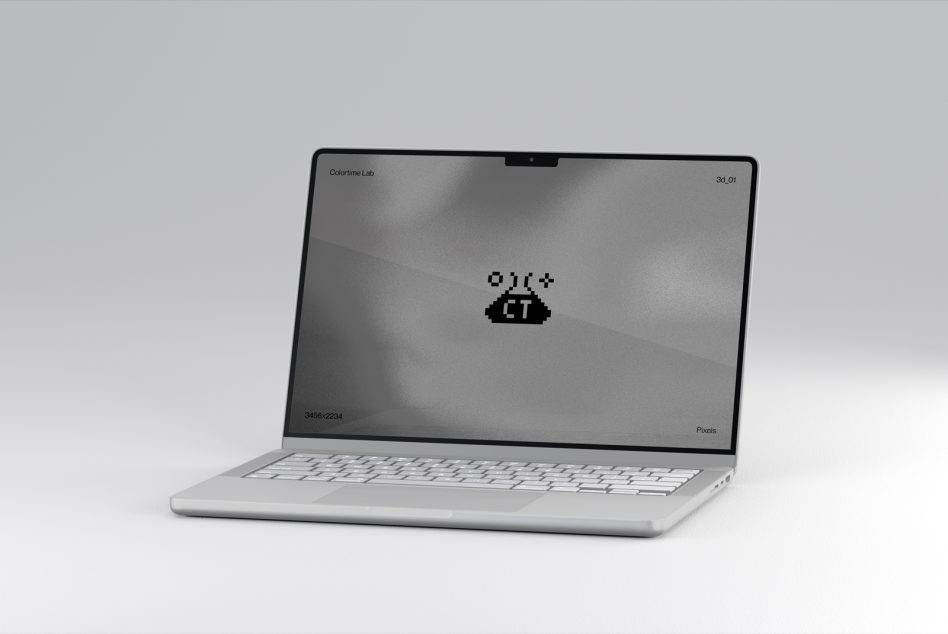 Silver laptop front-facing on neutral background with grayscale screen