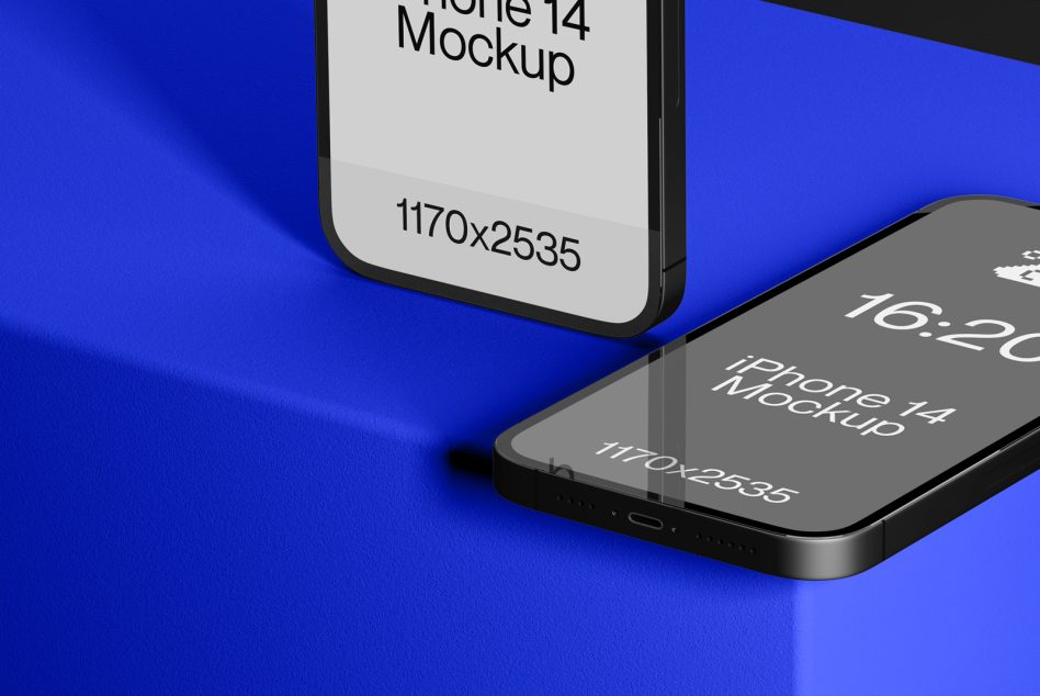 Two iPhones on blue background showing mockup screen text