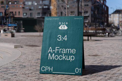 Teal A-Frame sign in plaza showing 3:4 ratio mockup layout outdoors