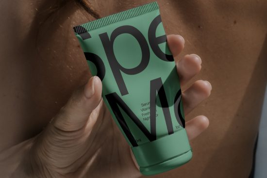 Close-up of hand holding cosmetic tube packaging mockup with bold typography design, ideal for branding presentations and product designs.