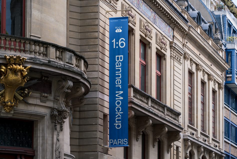 Tall blue banner on Paris building facade with 1:6 ratio text