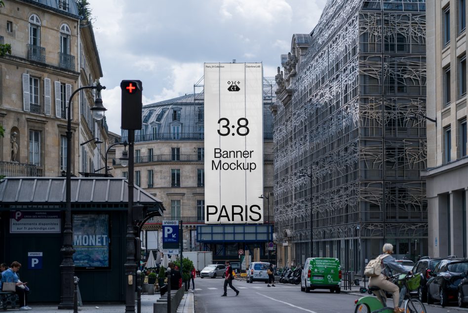 Tall white vertical banner on busy Paris street showing 3:8 ratio mockup