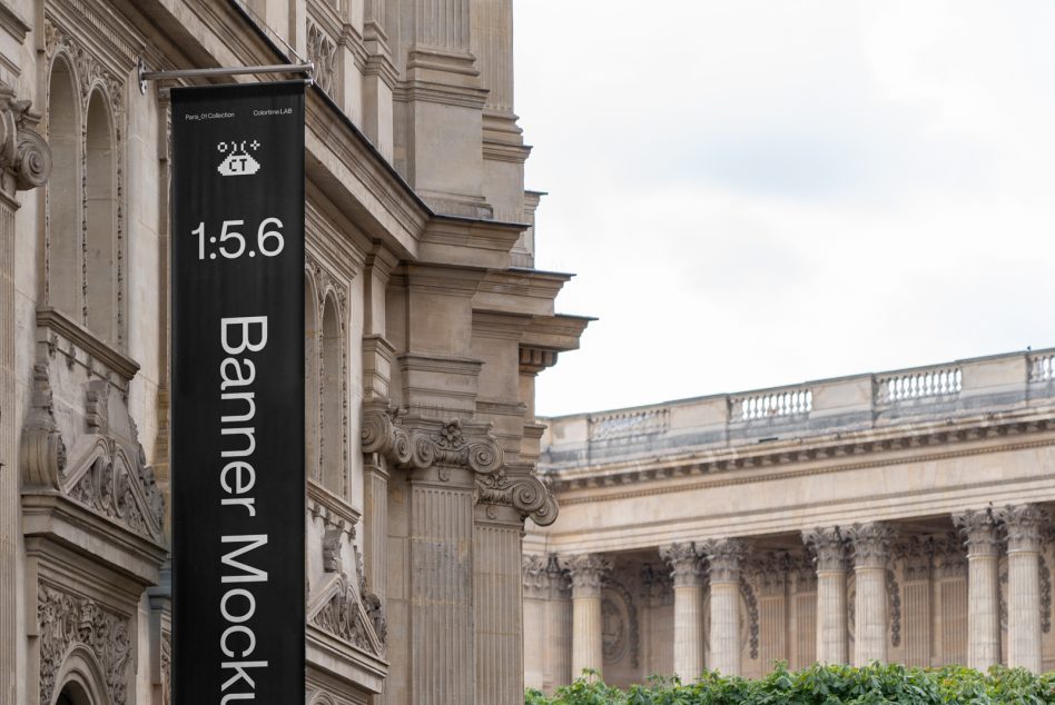 Black vertical banner on museum building with 1:5.6 ratio, Paris setting
