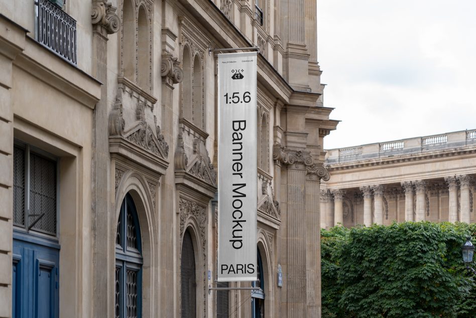 White vertical banner mockup on Parisian facade, 1:5.6 ratio displayed