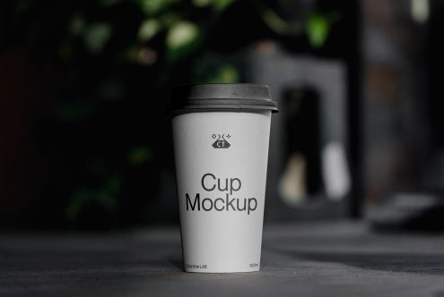 White takeout coffee cup with black lid sitting on pavement outdoors