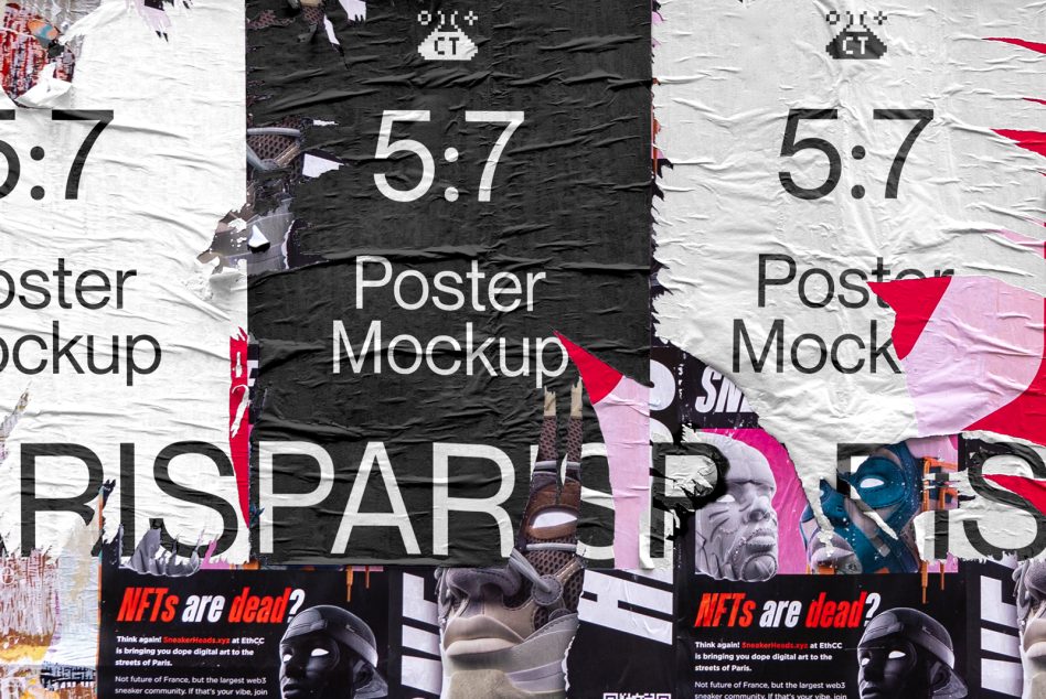 Multiple torn posters layered on weathered wall with 5:7 Poster Mockup text showing wear