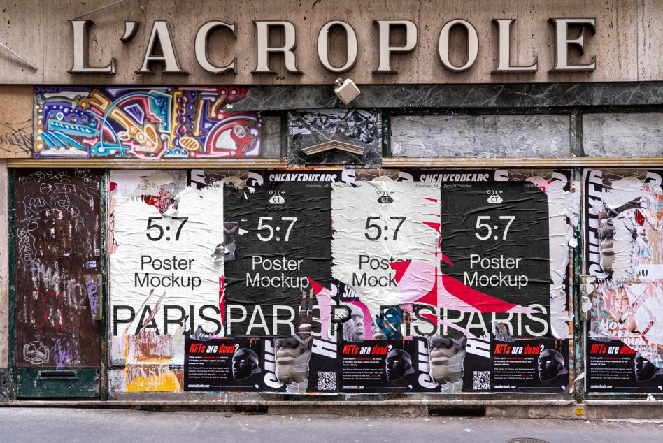 Four vertical posters on storefront wall showing 5:7 Poster Mockup PARIS with graffiti overlay