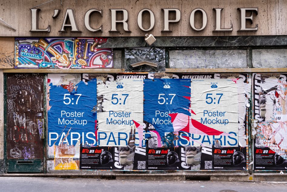 Four blue vertical posters on weathered storefront beneath L'Acropole sign with 5:7 mockup layout
