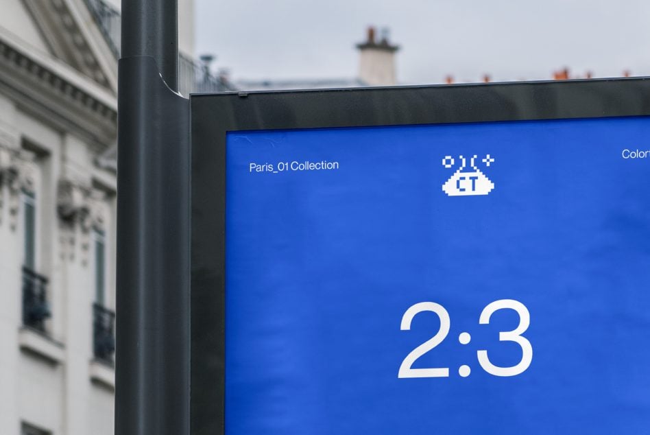 Bright blue 2:3 street poster mockup displaying Paris collection branding