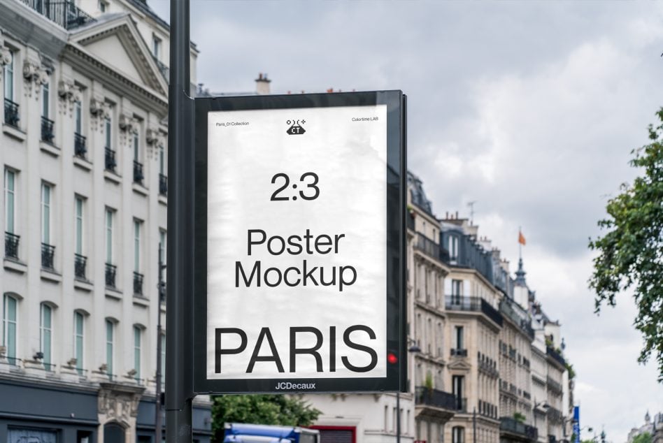 Minimal white 2:3 poster mockup on Parisian street with elegant architecture